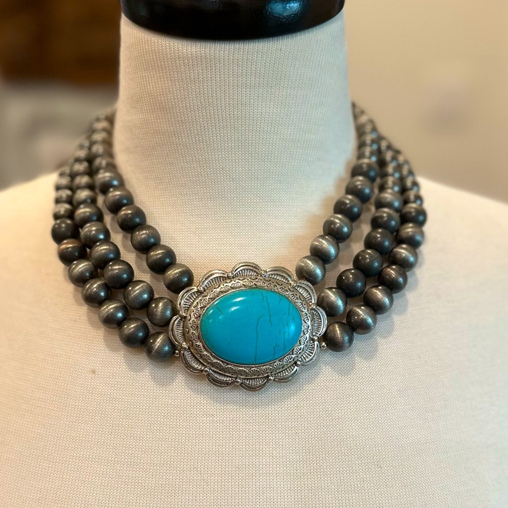 Turquoise Silver Necklace Boho Western